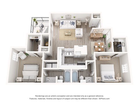 A 3D floor plan of a house with a kitchen, living room, and bathroom.